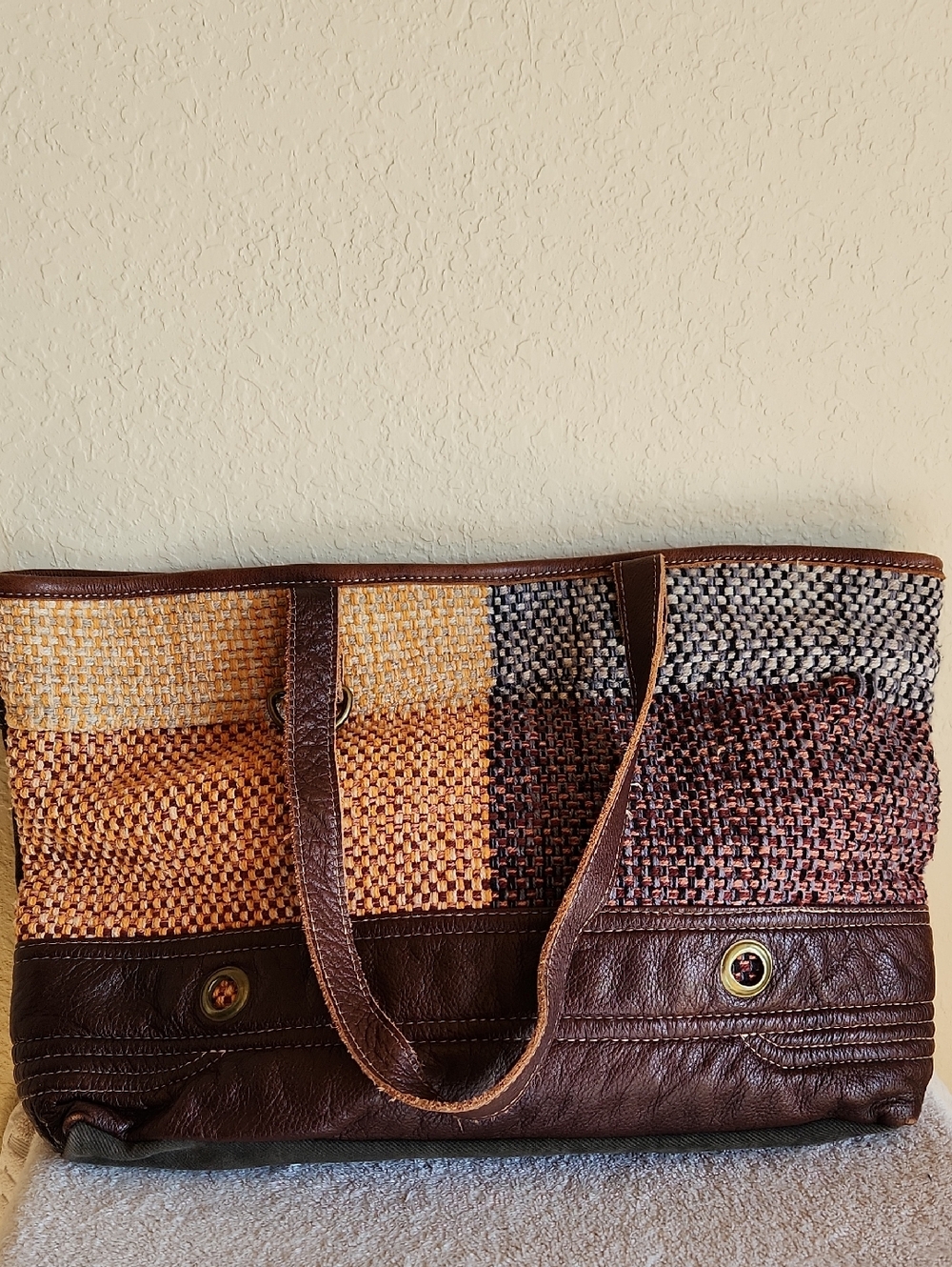 Myra Bag Brown and Multi Woven Leather-Trim Tote
